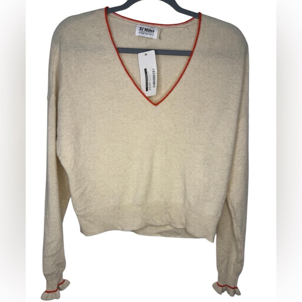 27 Miles Malibu NWT Cashmere Chanie Sweater Pearl with Orange Trim – Size Small